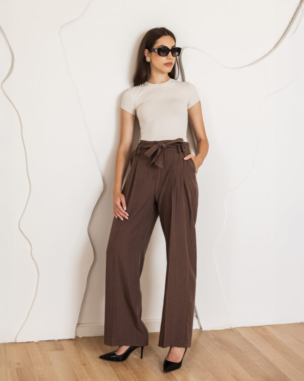 Brown High-Waisted Pinstripe Trousers