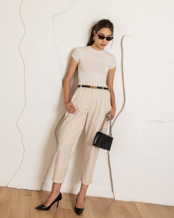 Beige striped high-waisted trousers