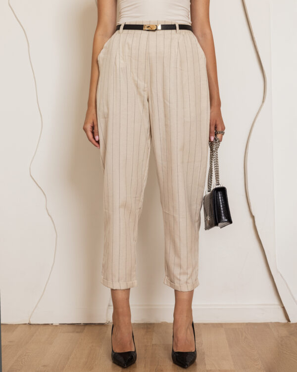 Beige striped high-waisted trousers